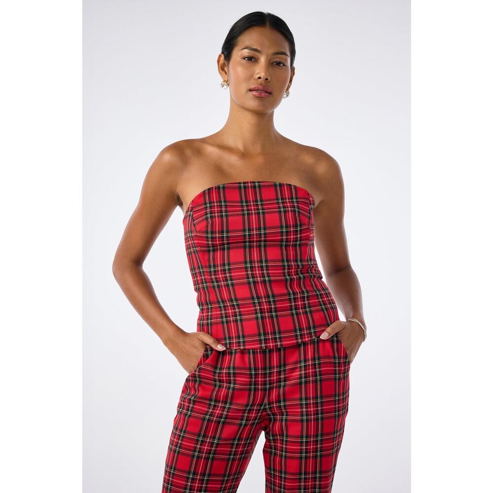 Trina Turk Arden Strapless Tartan Top Red Black Plaid Sz XL 2025 Print Holidays